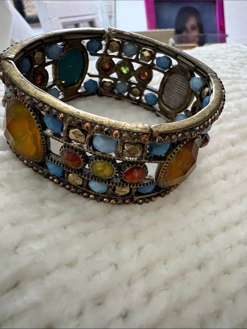 Vintage Blue and Amber Statement Cuff Bracelet